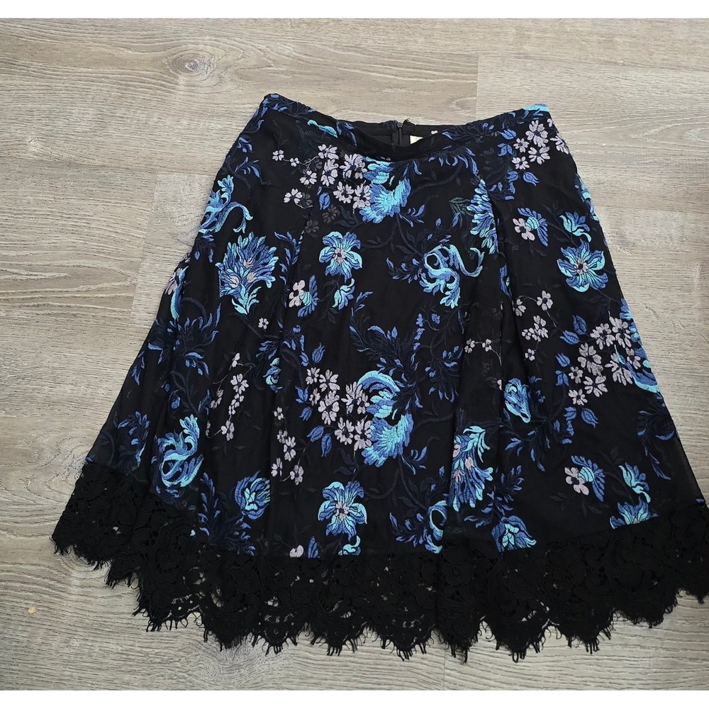 Sachin Babi Black Floral Embroidered Lace Trim Midi Skirt‎ Women's Size 10